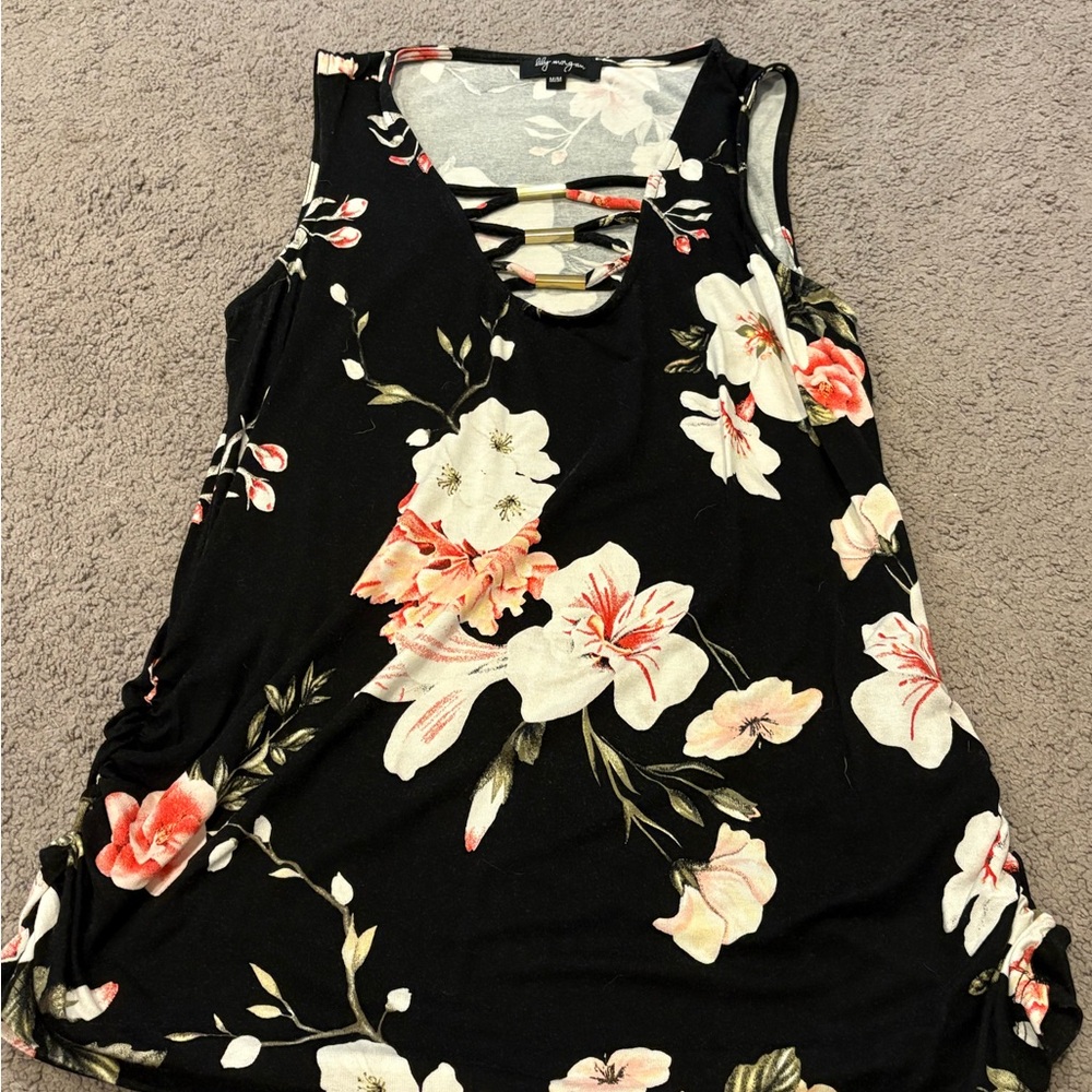 Floral Sleeveless Top - Black and Pink